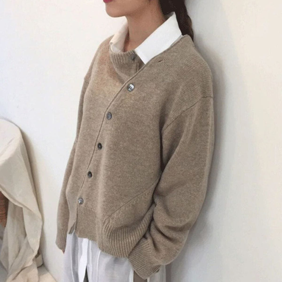 Strickjacke Damen Oversized Cardigan asymmetrische Knopfleiste - Braun (Bestseller)