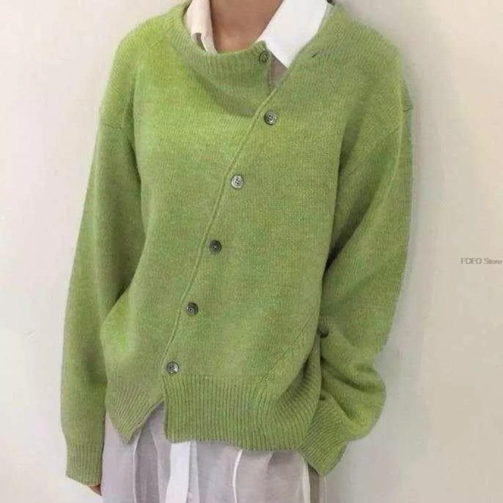 Strickjacke Damen Oversized Cardigan asymmetrische Knopfleiste - Grün