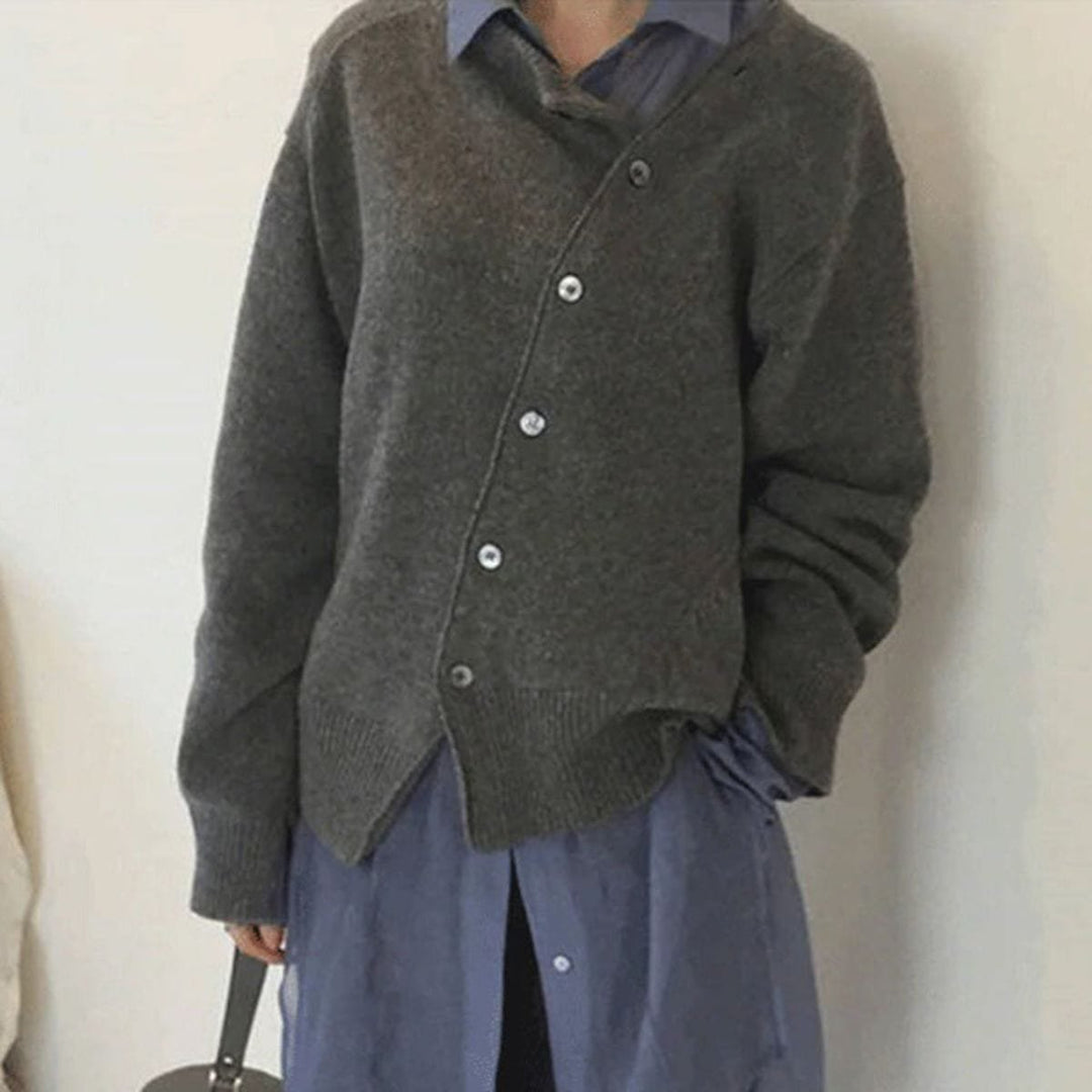 Strickjacke Damen Oversized Cardigan asymmetrische Knopfleiste - Grau
