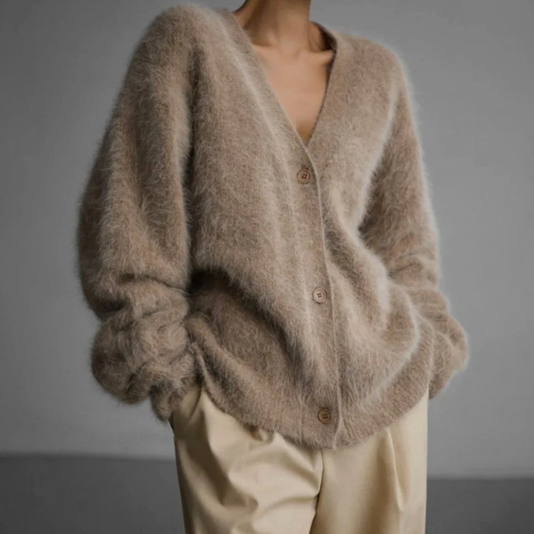 Strickjacke Damen Oversized Flauschige V-Ausschnitt Oberbekleidung - Braun