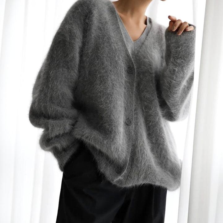 Strickjacke Damen Oversized Flauschige V-Ausschnitt Oberbekleidung