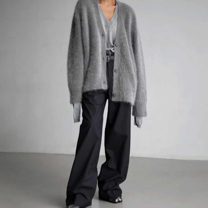Strickjacke Damen Oversized Flauschige V-Ausschnitt Oberbekleidung