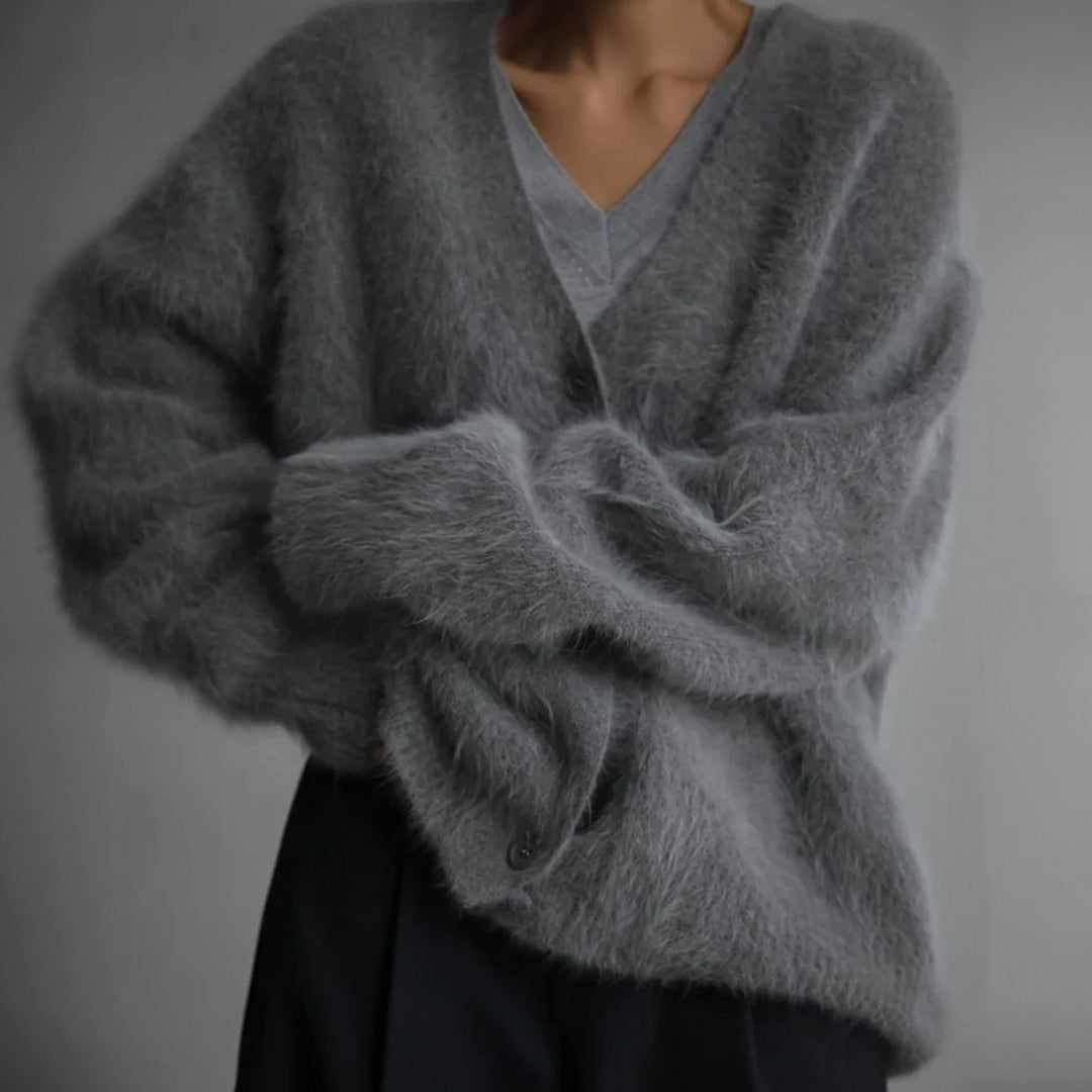 Strickjacke Damen Oversized Flauschige V-Ausschnitt Oberbekleidung - Dunkelgrau