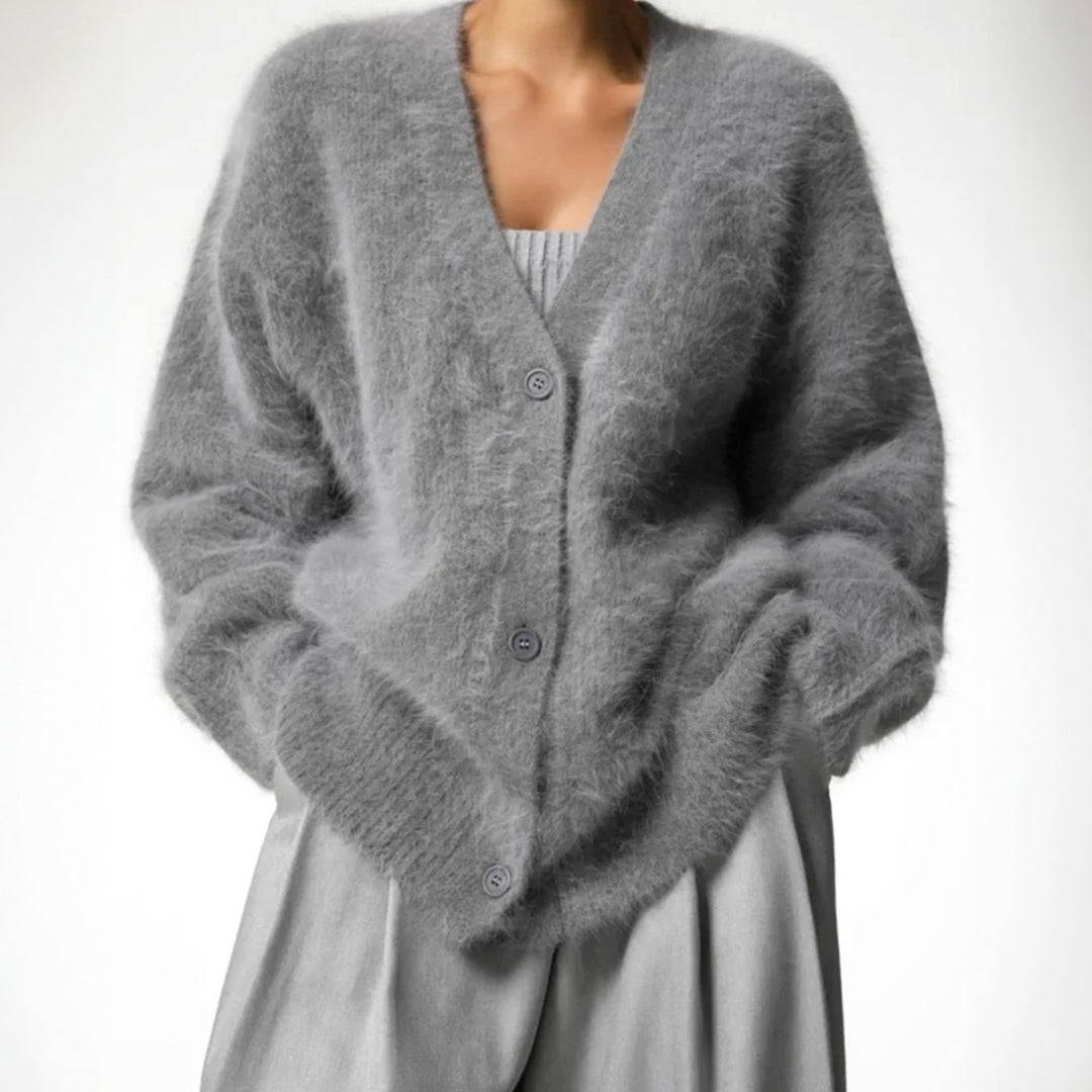 Strickjacke Damen Oversized Flauschige V-Ausschnitt Oberbekleidung
