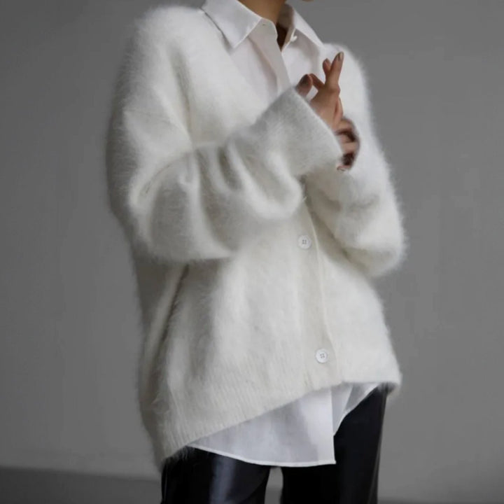 Strickjacke Damen Oversized Flauschige V-Ausschnitt Oberbekleidung - Weiß