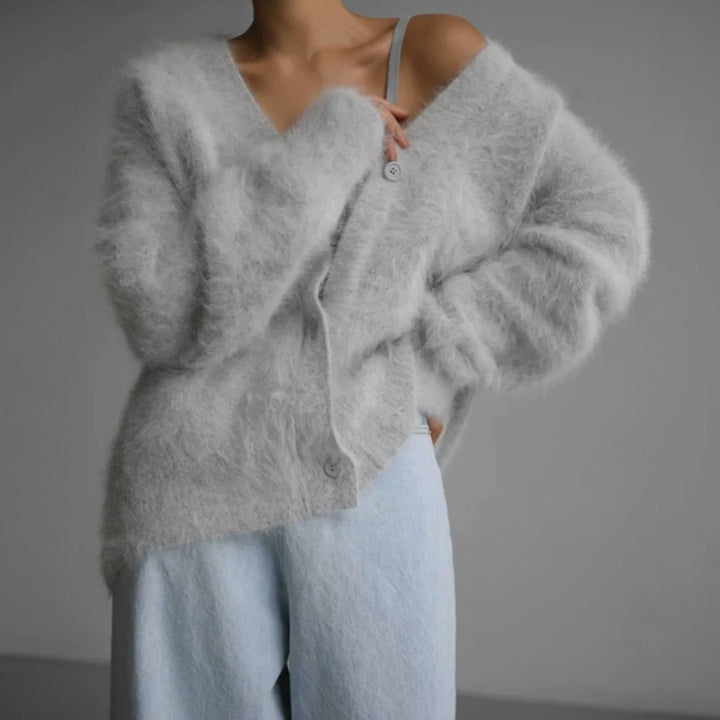 Strickjacke Damen Oversized Flauschige V-Ausschnitt Oberbekleidung - Grau