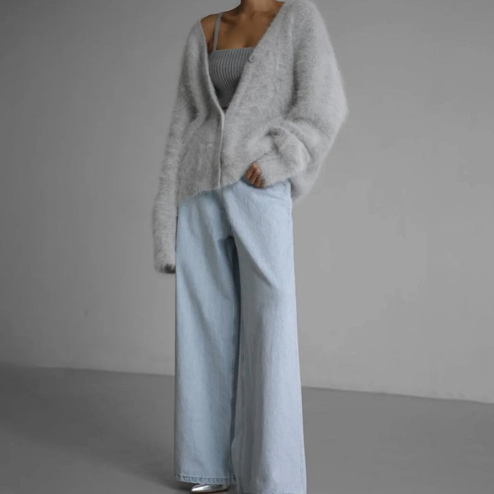 Strickjacke Damen Oversized Flauschige V-Ausschnitt Oberbekleidung