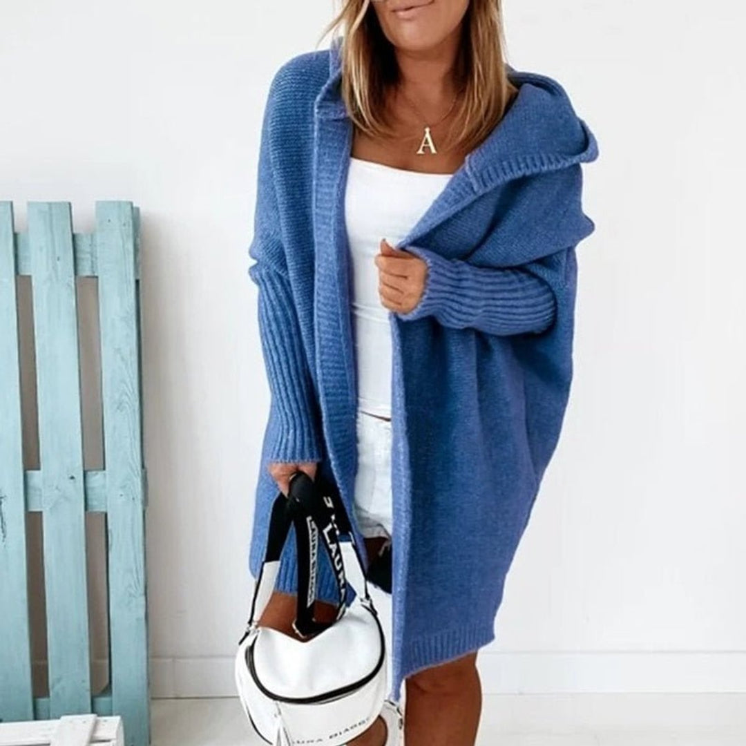 Strickjacke Damen Oversized Kapuzen Cardigan mit Fledermausärmeln - Blau