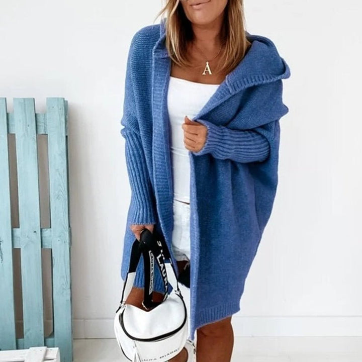 Strickjacke Damen Oversized Kapuzen Cardigan mit Fledermausärmeln - Blau