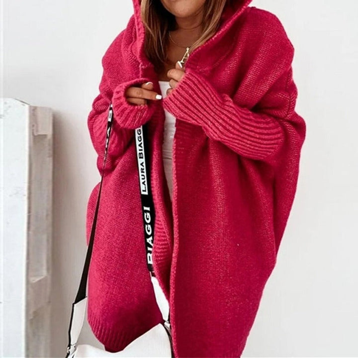 Strickjacke Damen Oversized Kapuzen Cardigan mit Fledermausärmeln - Rot