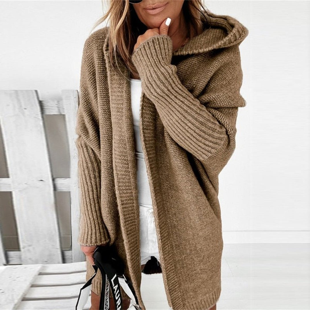 Strickjacke Damen Oversized Kapuzen Cardigan mit Fledermausärmeln - Khaki