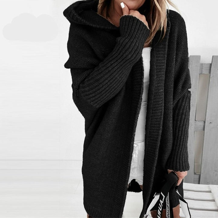 Strickjacke Damen Oversized Kapuzen Cardigan mit Fledermausärmeln - Schwarz