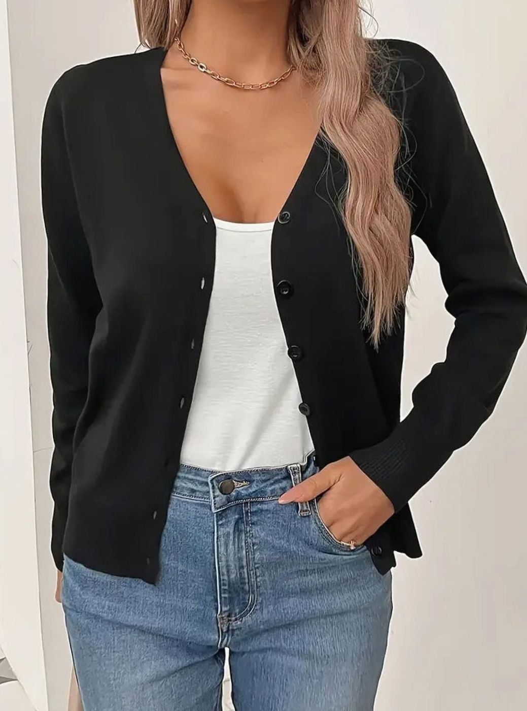 Strickjacke Damen V-Ausschnitt Knopfleiste Langarm Cardigan - Schwarz