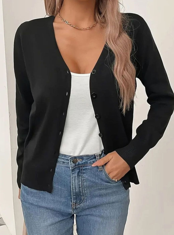 Strickjacke Damen V-Ausschnitt Knopfleiste Langarm Cardigan - Schwarz