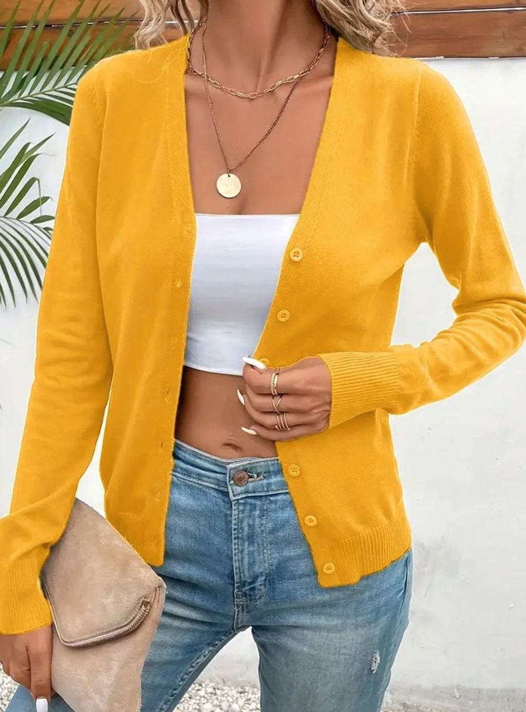 Strickjacke Damen V-Ausschnitt Knopfleiste Langarm Cardigan - Gelb
