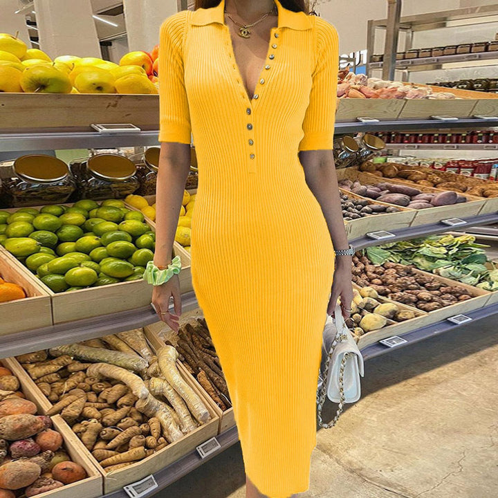 Strickkleid Damen Figurbetontes Knielanges Rippkleid Polokragen Knopfleiste - Gelb