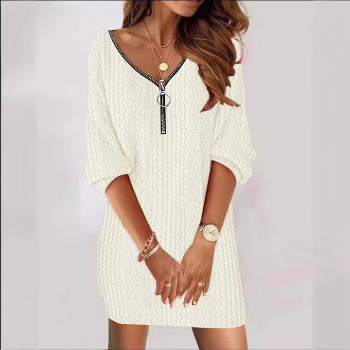 Strickkleid Damen Kabelstrick V-Ausschnitt Reißverschluss Minikleid