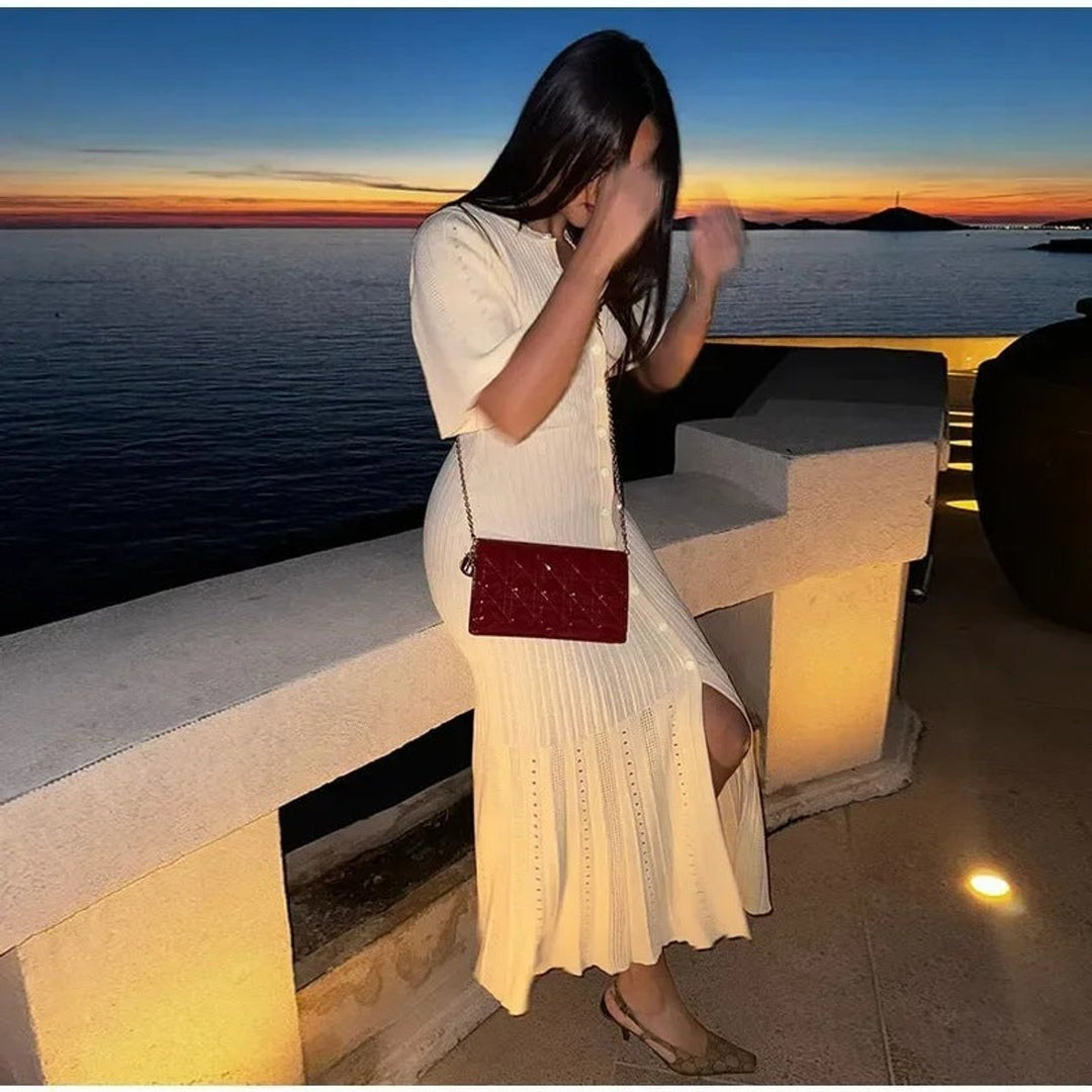Strickkleid Damen Maxi Langarm V-Ausschnitt Rippenstrick