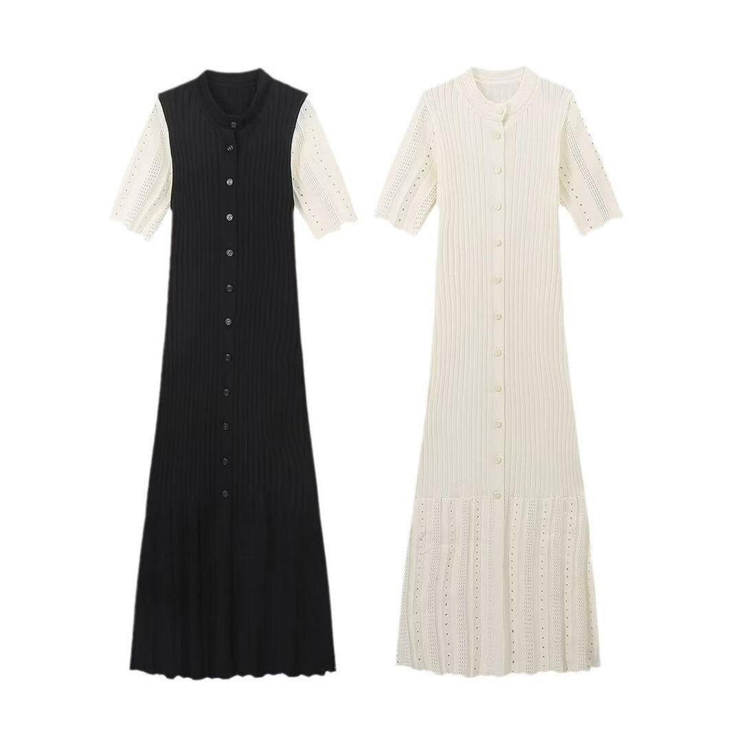 Strickkleid Damen Maxi Langarm V-Ausschnitt Rippenstrick