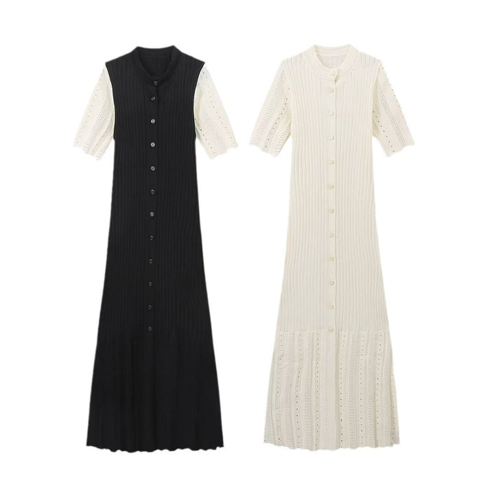 Strickkleid Damen Maxi Langarm V-Ausschnitt Rippenstrick