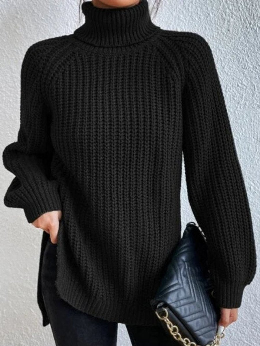 Strickpullover Damen Oversize Rollkragen Grobstrick Pullover - Schwarz
