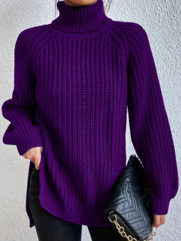 Strickpullover Damen Oversize Rollkragen Grobstrick Pullover - Lila