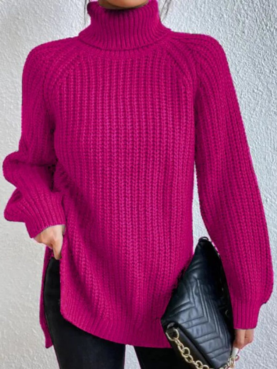 Strickpullover Damen Oversize Rollkragen Grobstrick Pullover - Rosa