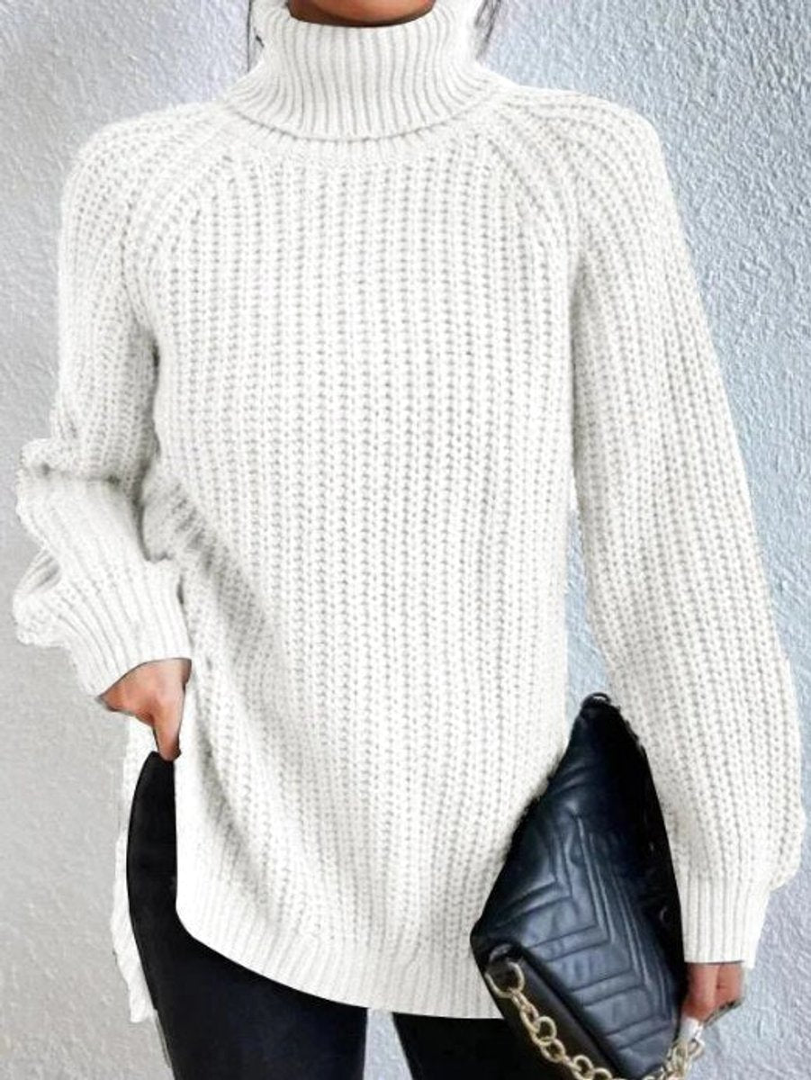 Strickpullover Damen Oversize Rollkragen Grobstrick Pullover - Weiß