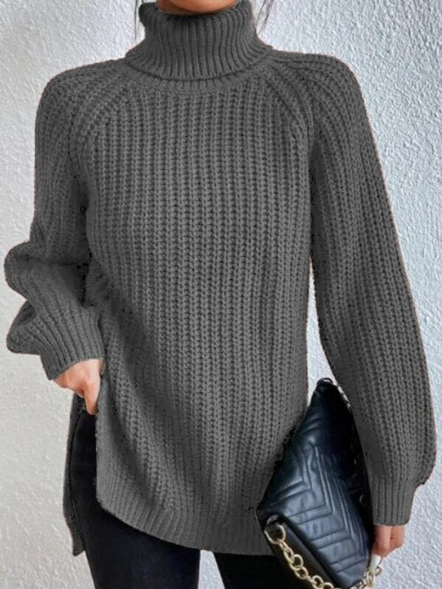 Strickpullover Damen Oversize Rollkragen Grobstrick Pullover - Grau