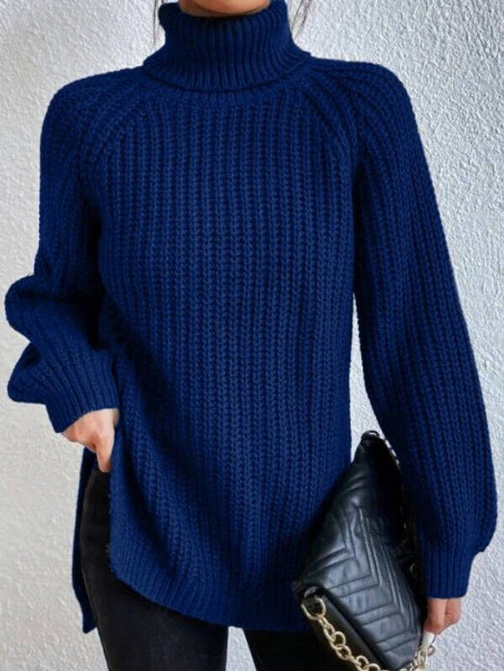 Strickpullover Damen Oversize Rollkragen Grobstrick Pullover - Marineblau