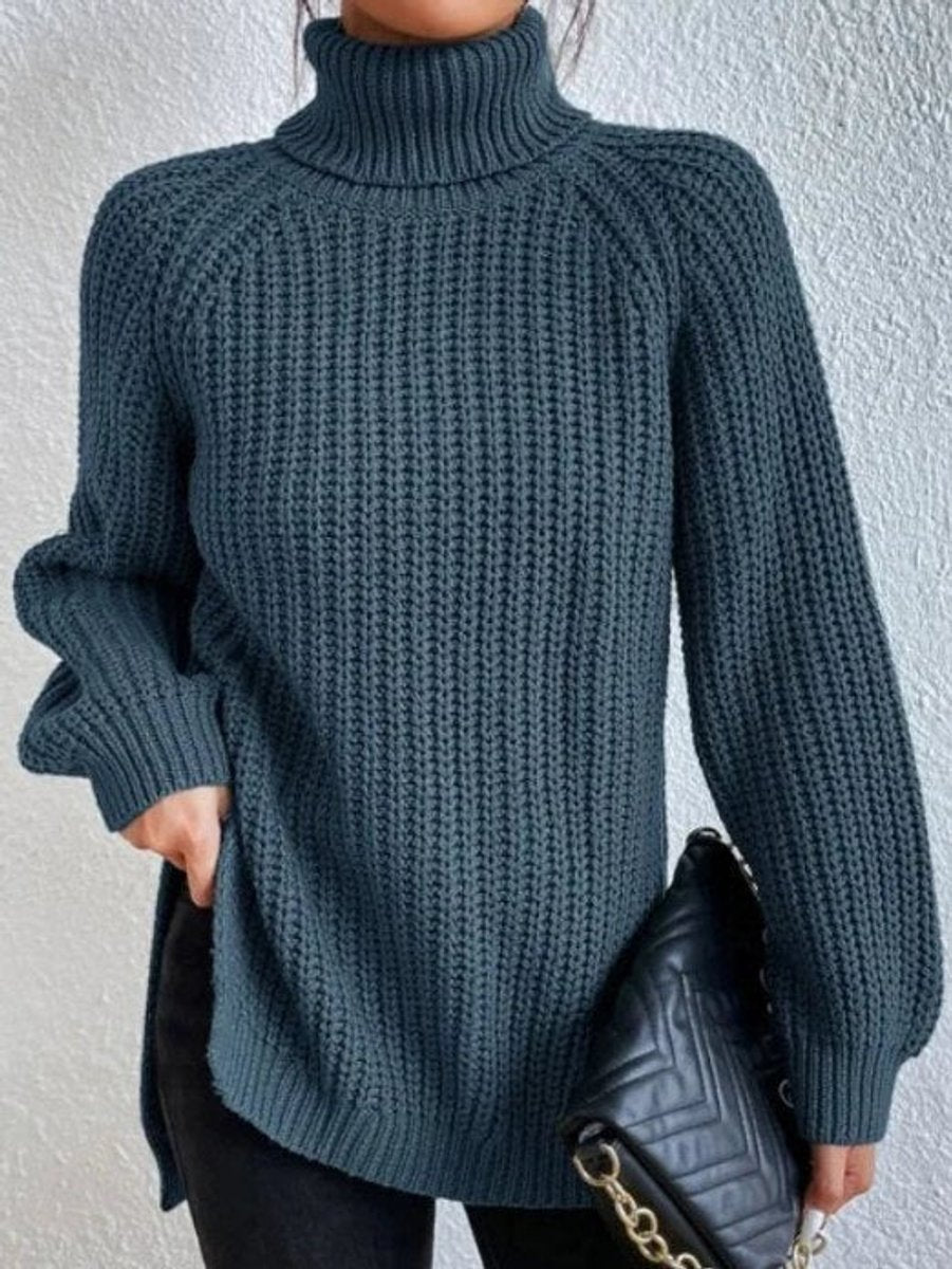 Strickpullover Damen Oversize Rollkragen Grobstrick Pullover - Ozeanblau