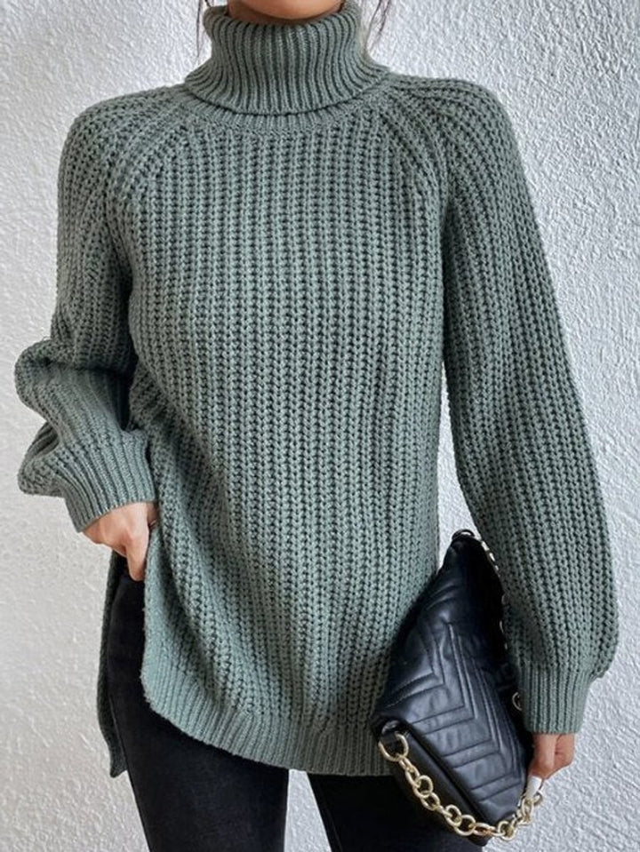 Strickpullover Damen Oversize Rollkragen Grobstrick Pullover - Grün