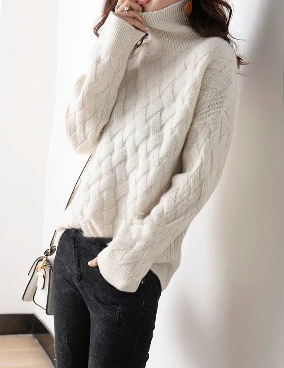 Strickpullover Damen Rollkragen Zopfmuster Kashmirweicher Oversized Pullover
