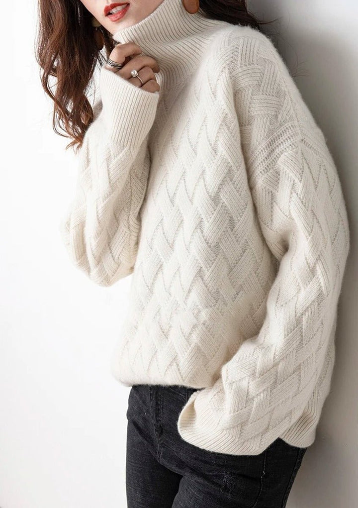 Strickpullover Damen Rollkragen Zopfmuster Kashmirweicher Oversized Pullover - Creme