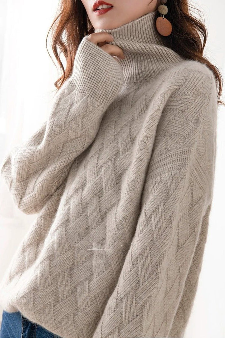 Strickpullover Damen Rollkragen Zopfmuster Kashmirweicher Oversized Pullover - Beige