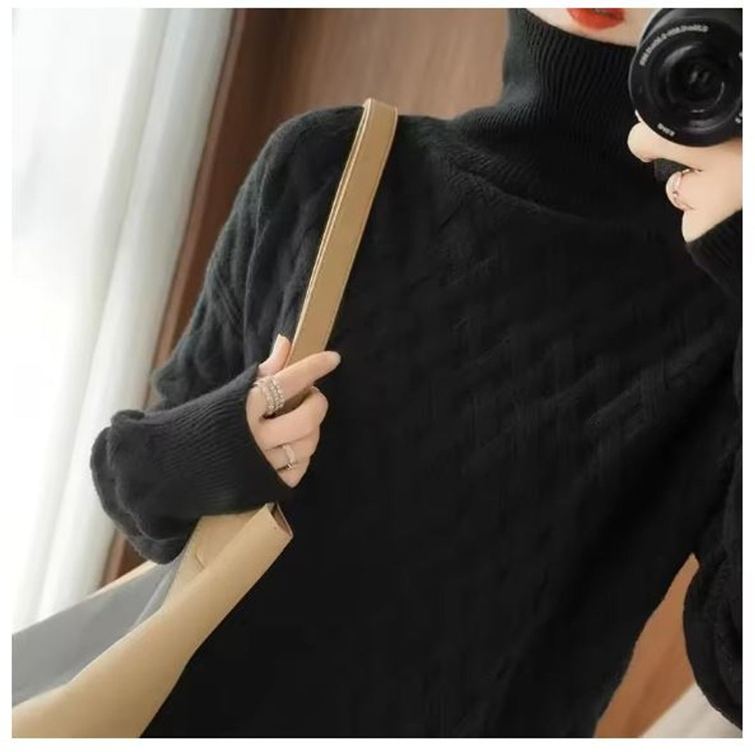 Strickpullover Damen Rollkragen Zopfmuster Kashmirweicher Oversized Pullover - Schwarz