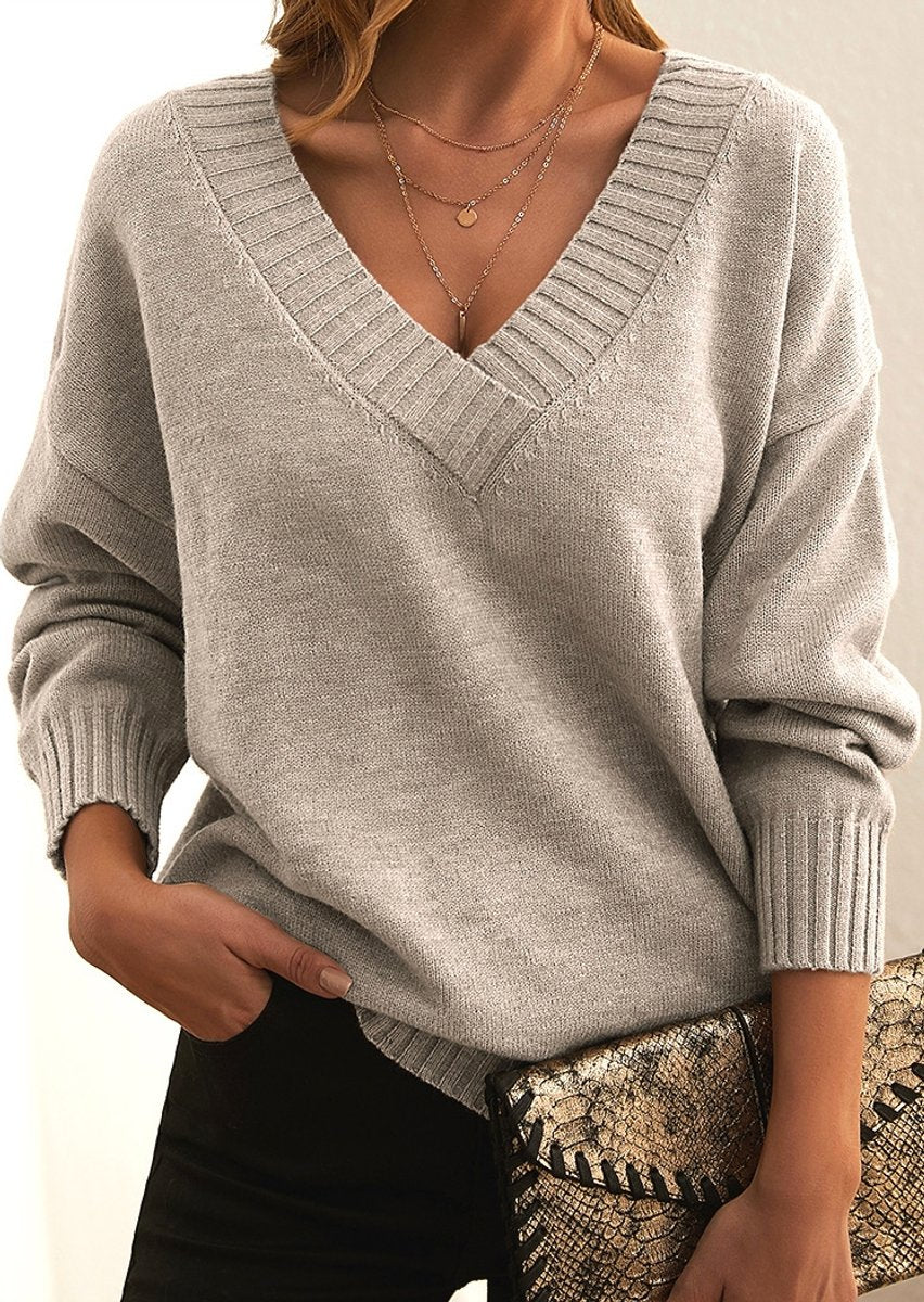 Strickpullover Damen Weicher V-Ausschnitt Oversized Longpullover