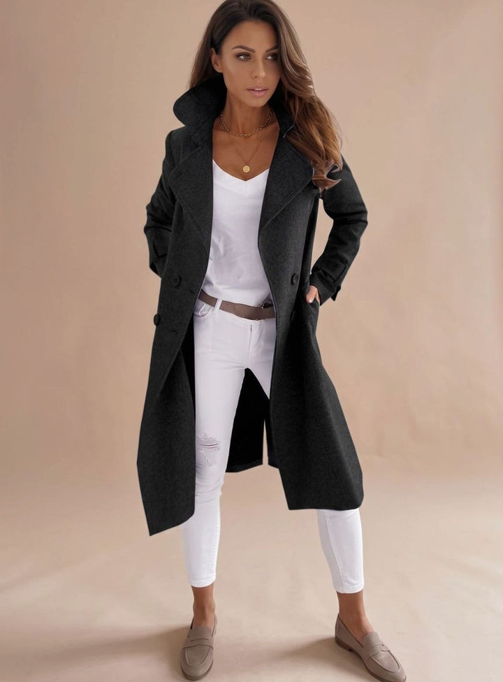 Taillierter Wintermantel Damen Eleganter Zweireiher Wollmantel - Schwarz