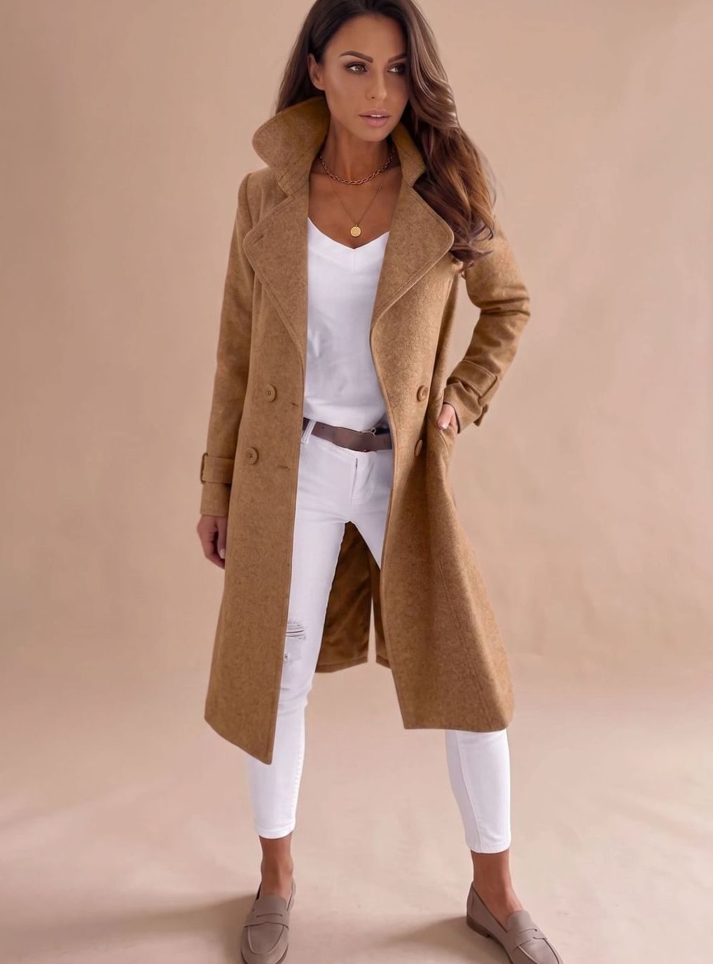 Taillierter Wintermantel Damen Eleganter Zweireiher Wollmantel - Braun