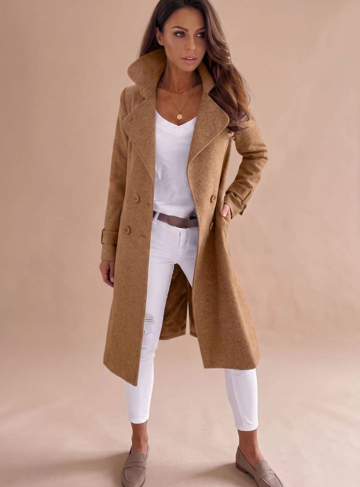 Taillierter Wintermantel Damen Eleganter Zweireiher Wollmantel - Braun