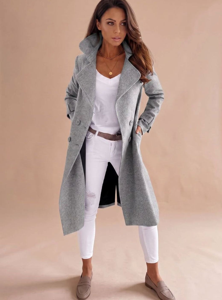 Taillierter Wintermantel Damen Eleganter Zweireiher Wollmantel - Grau