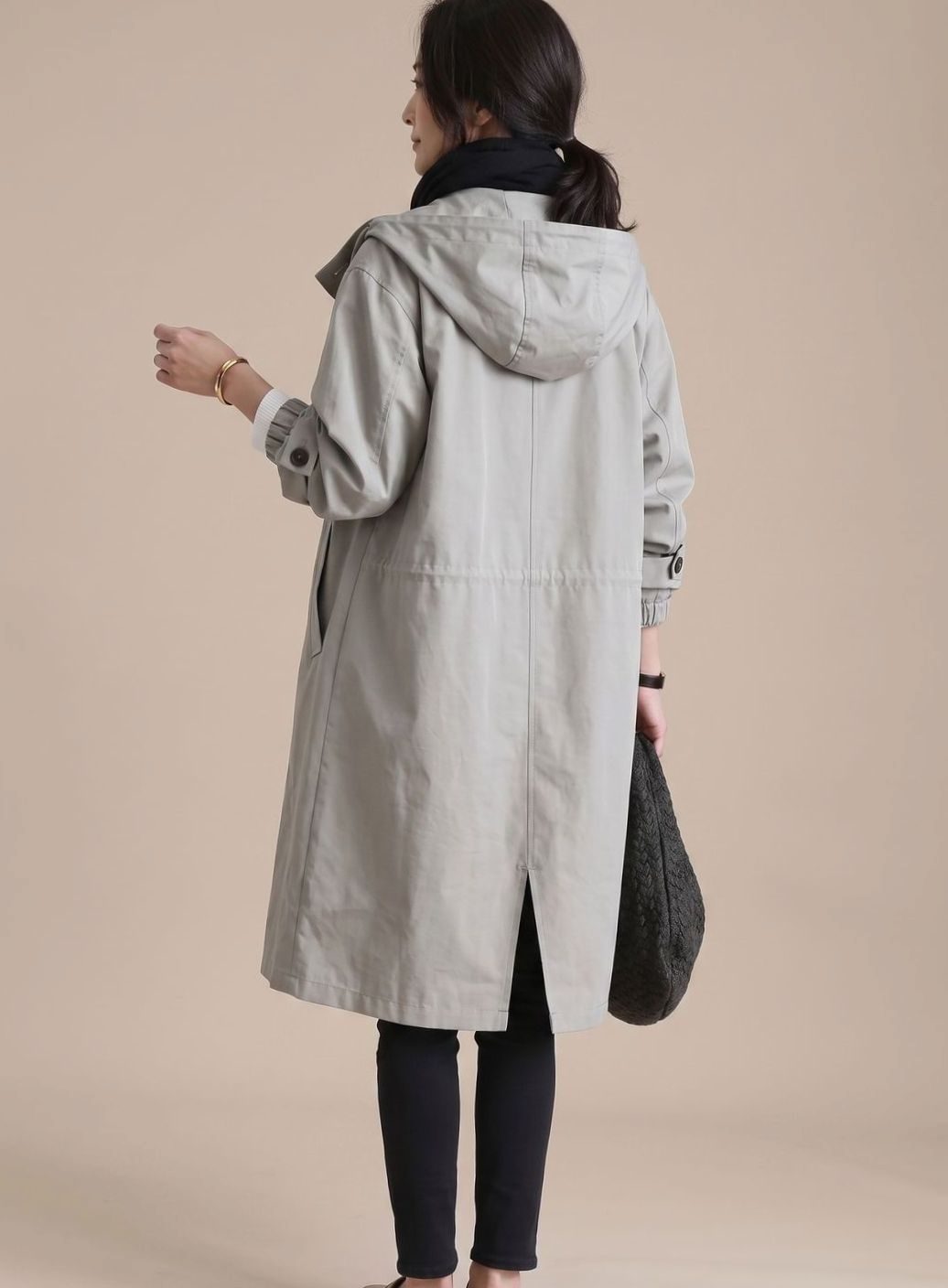 Trenchcoat Damen Übergrößen Kapuzen Langmantel Koreanischer Stil - Grau