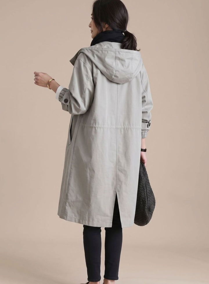 Trenchcoat Damen Übergrößen Kapuzen Langmantel Koreanischer Stil - Grau
