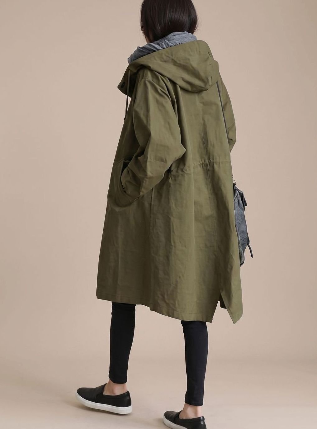 Trenchcoat Damen Übergrößen Kapuzen Langmantel Koreanischer Stil - Armeegrün