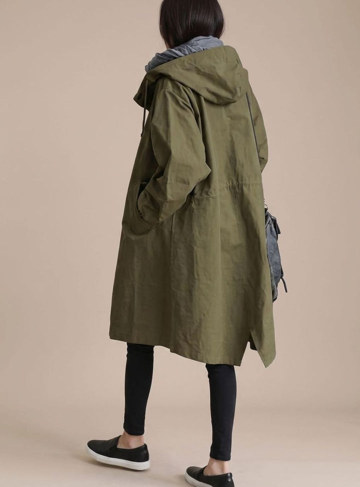 Trenchcoat Damen Übergrößen Kapuzen Langmantel Koreanischer Stil - Armeegrün