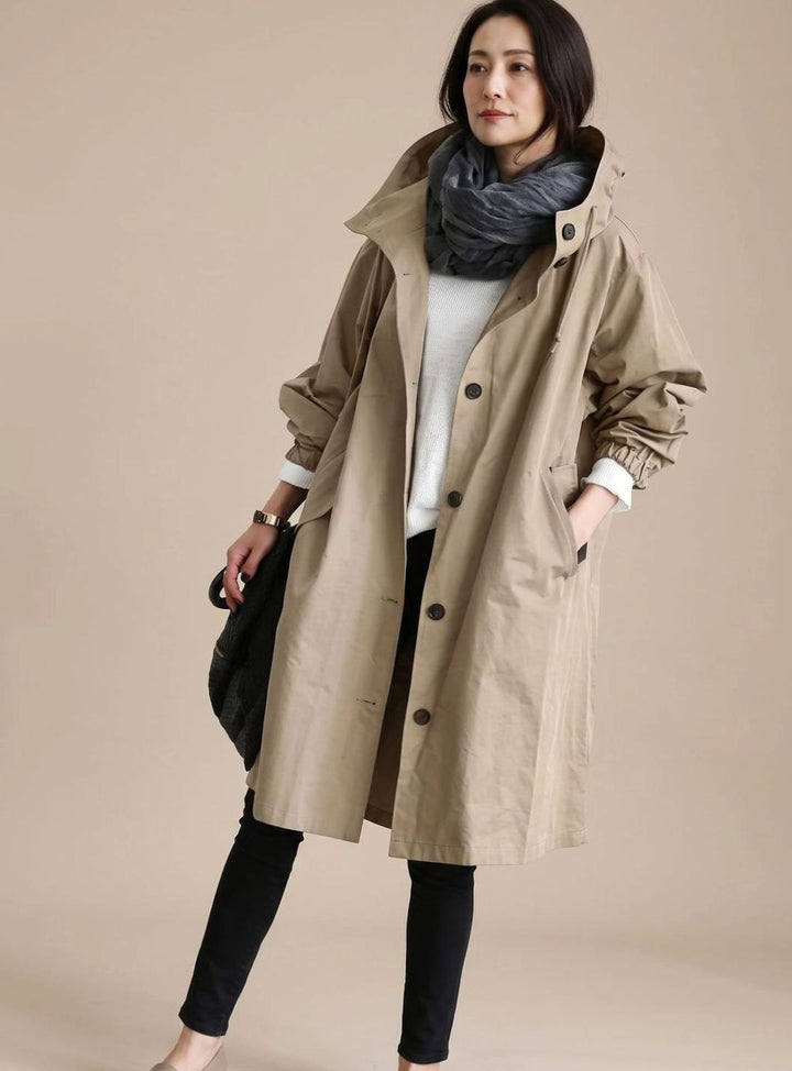 Trenchcoat Damen Übergrößen Kapuzen Langmantel Koreanischer Stil - Khaki