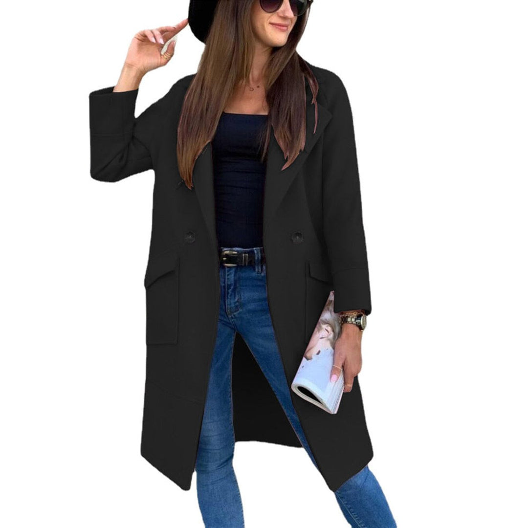 Trenchcoat Damen Eleganter Doppelreihiger Mantel mit Reverskragen - Schwarz
