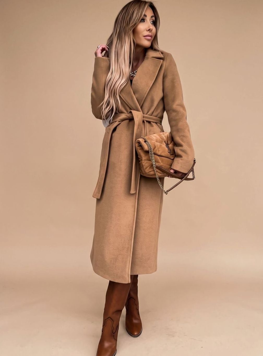Trenchcoat Damen Eleganter Langer Mantel mit Bindegürtel Reverskragen - Khaki
