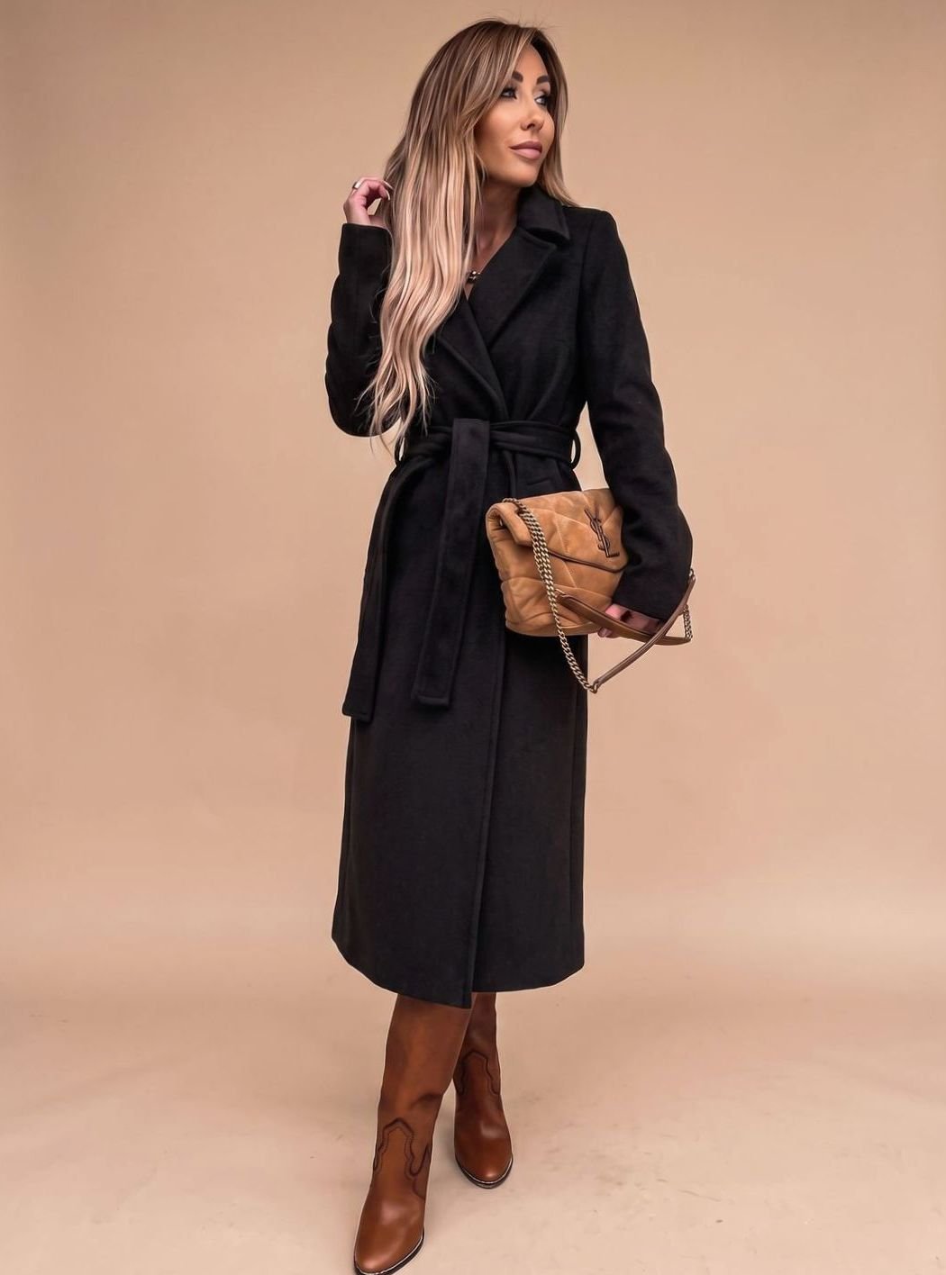 Trenchcoat Damen Eleganter Langer Mantel mit Bindegürtel Reverskragen - Schwarz