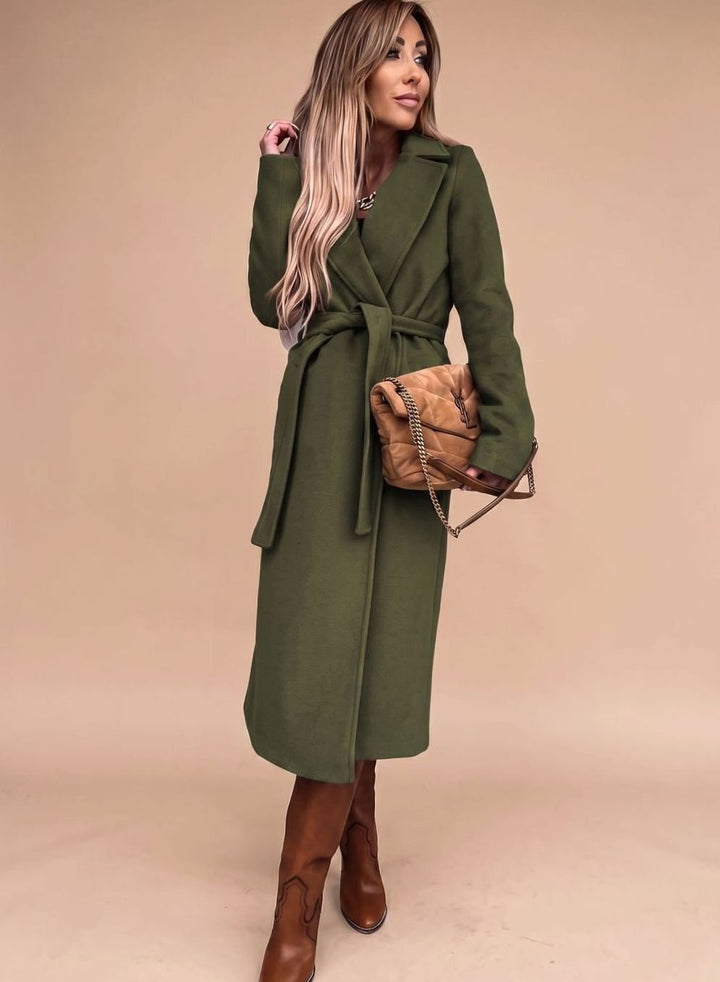 Trenchcoat Damen Eleganter Langer Mantel mit Bindegürtel Reverskragen - Olivgrün